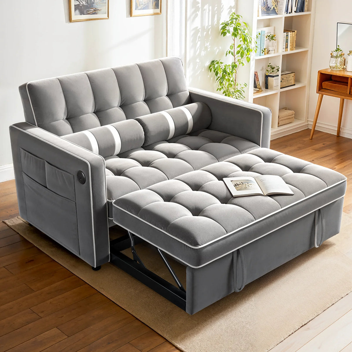 3 in 1 Sleeper Sofa Bed, Pull Out Couch with USB & Type-C Ports, Deep Seat Convertible Loveseat Sofa, Adjustable Backrest, Dual Side Pockets, Velvet Futon Couch for Living Room, Apartment
