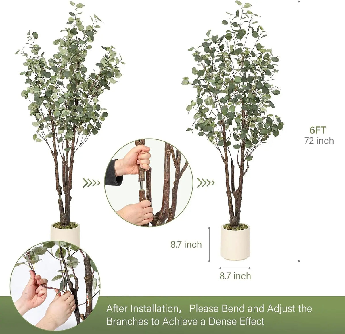 Artificial Eucalyptus Tree w/ 50 LED Lights, Pre-Potted Faux Floor Plant, Realistic Silk Multi-Stem Greenery in White Planter for Home & Office Decor Christmas Party Supplies