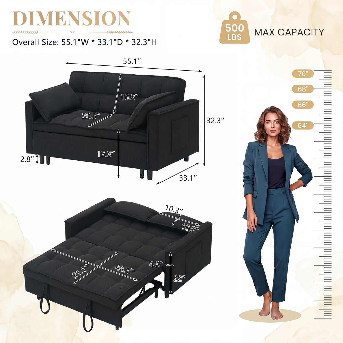 55.1" Corduroy Convertible Sleeper Sofa Bed, Pull Out 2-Seater Loveseat Couch with Side Storage Pocket & Throw Pillows, Compact Upholstered Sofa for Small Apartment Living Room Bedroom