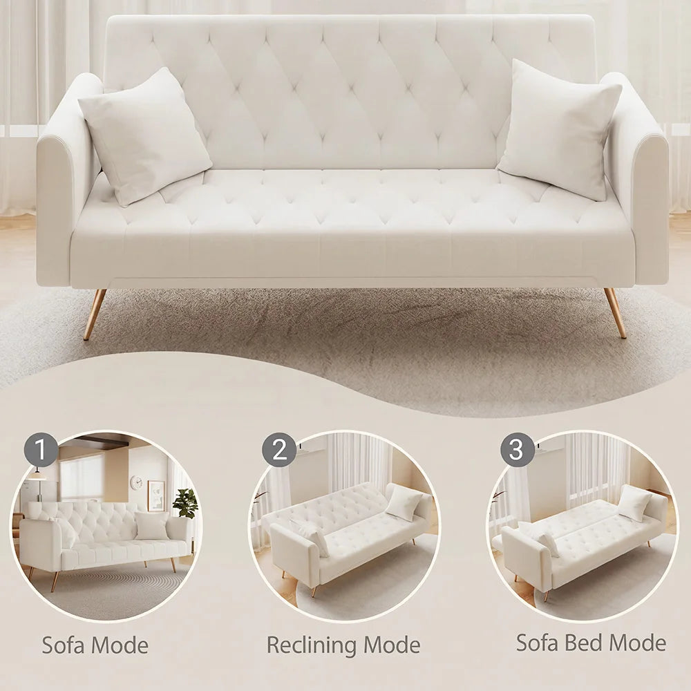 Velvet Convertible Futon Sofa Bed 71" 3-Seater Tufted Sleeper Couch with Gold Metal Legs 3 Position Adjustable Backrest Folding Reclining Sofa with 2 Throw Pillows for Living Room Apartment Small Spaces