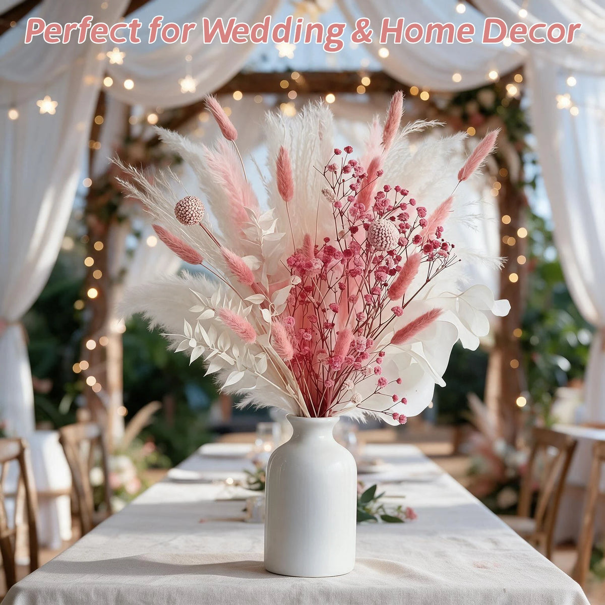 58PCS Pink Pampas Grass Bouquet 17.5in Mixed Dried Flowers Bunny Tails Eucalyptus Baby's Breath Craspedia Reed Grass Soft Pink Boho Wedding Home Decor Farmhouse Table Centerpiece Vase Filler Long Lasting Gift Vase Not Include
