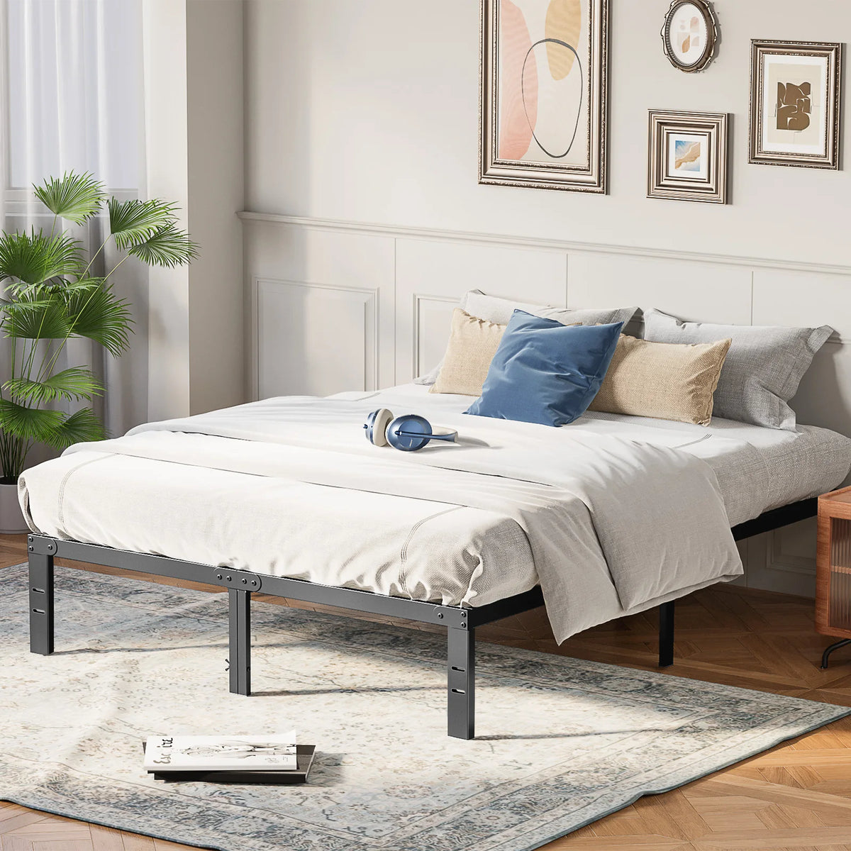 Basic 12IN Twin Full Queen King Size Bed Frame Metal Platform Bedroom Frames with Storage Space Sturdy Steel Slat Support