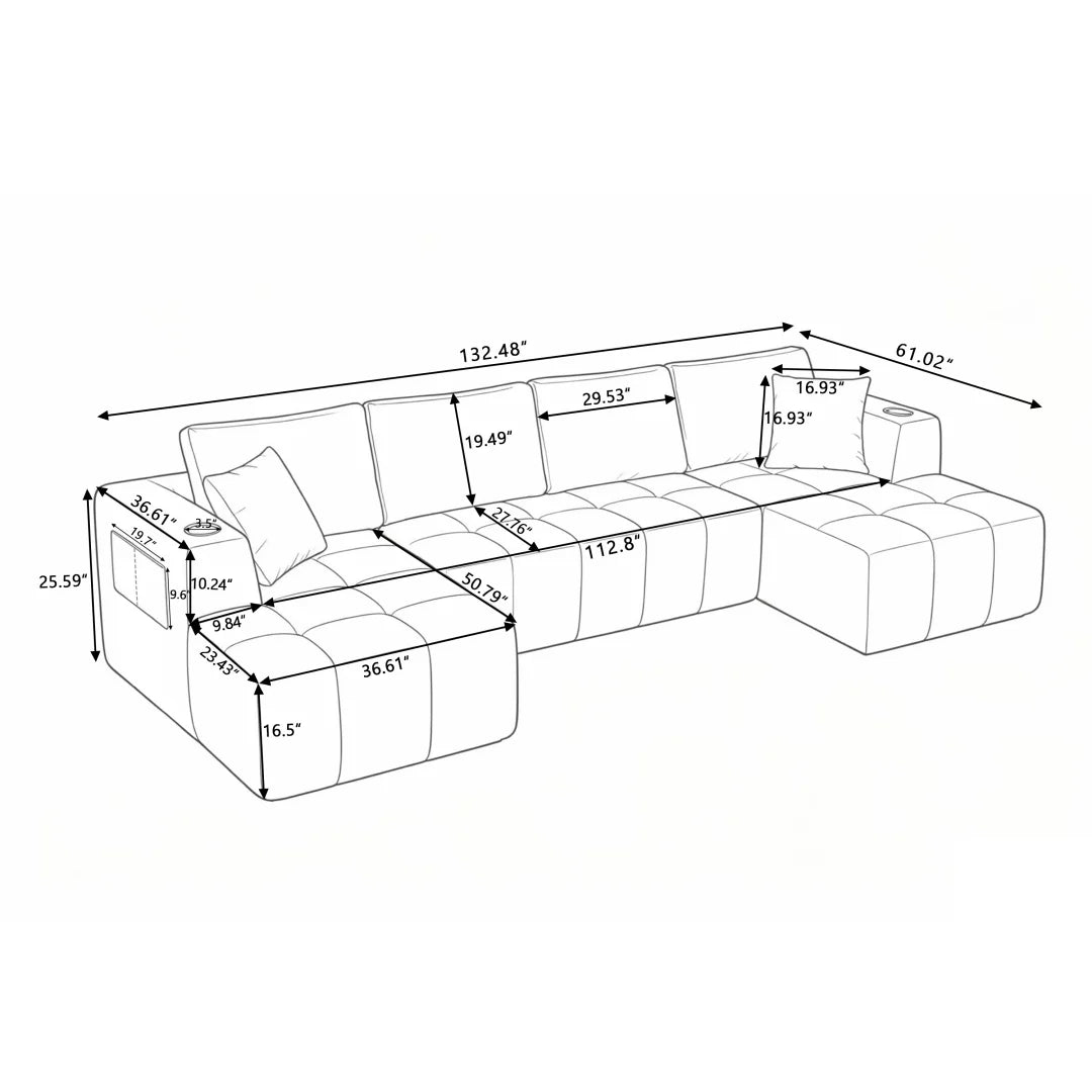 132" U-Shaped Chenille Sectional Sofa, Cloud Couch Sleeper Bed with Dual Lounges, Modern Living Room Furniture with Cup Holders, No Assembly, Black