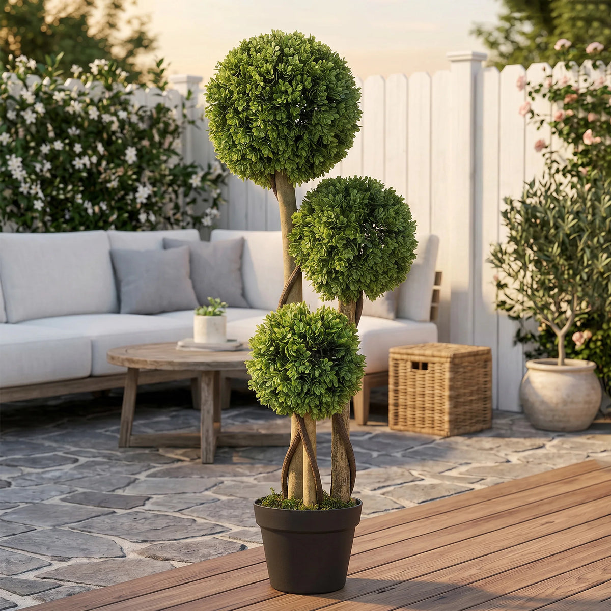 Artificial Plant for Home Decor Indoor & Outdoor Fake Plants Artificial Tree in Pot, 3 Ball Boxwood Topiary Tree for Home Office, Living Room Decor, Light Green