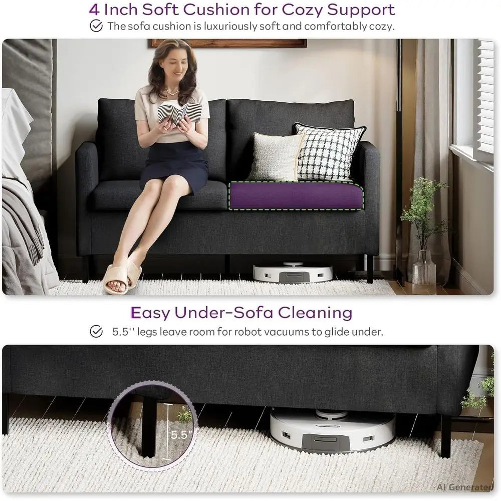 Linen abric ern Small Loveseat Soa Couch or Living Room, 51" W Little Upholstered 2-Seater Mini Love Seats w/Iron Legs or Small