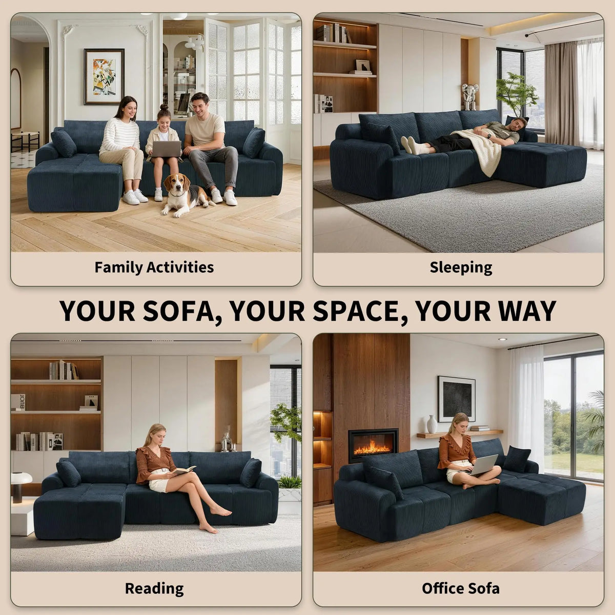 118'' Corduroy Modular Sofa, Deep Seat Compression Couch With Memory Foam, No Assembly Sectional For Living Room