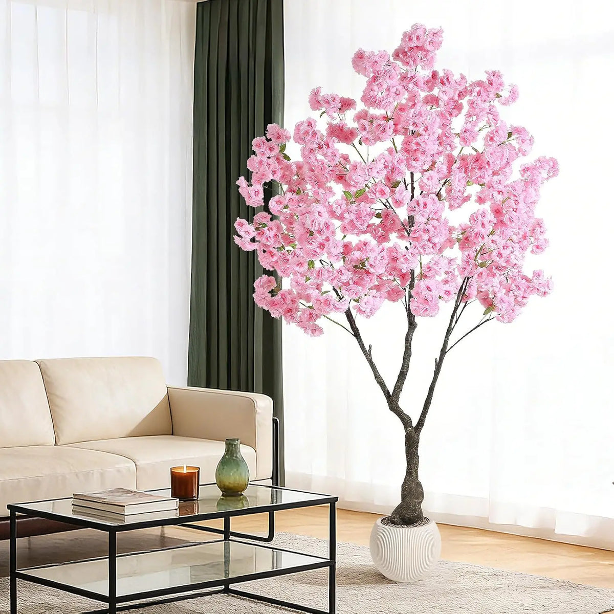 Artificial Cherry Blossom Tree with White Planter & Adjustable Branches, Realistic Faux Floral Tree for Indoor Home Living Room Decor, Pink