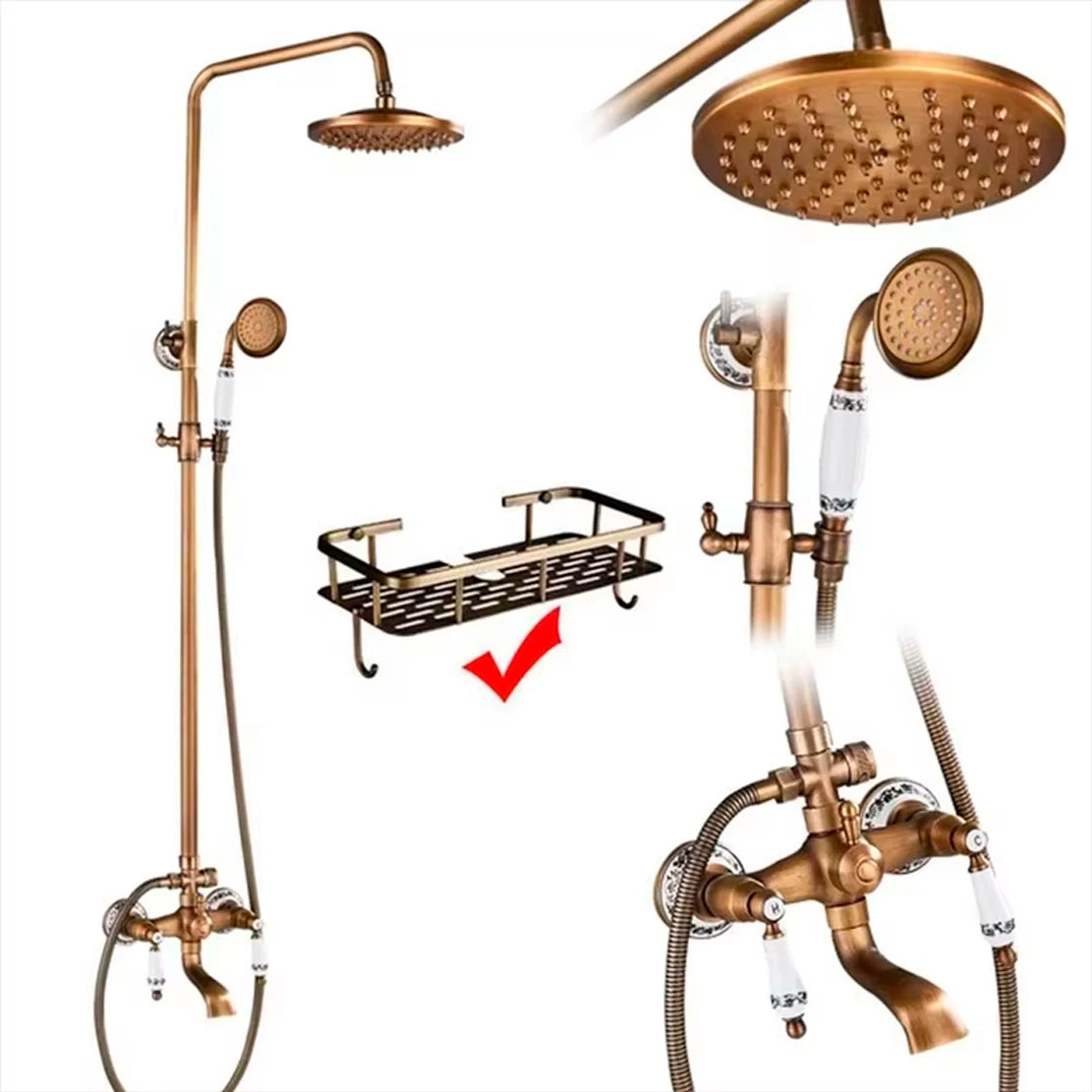 Antique Brass Shower Faucets Set Wall Mount Antique Brass Shower Kit Dual Knobs Mixer Tap Handheld Spray Bathtub Kit