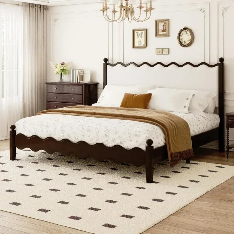Wood Bed Frame King with Vintage Wave Headboard, 48" Tall Leather Upholstered Bed Frame, Mattress Foundation, No Box Spring Need
