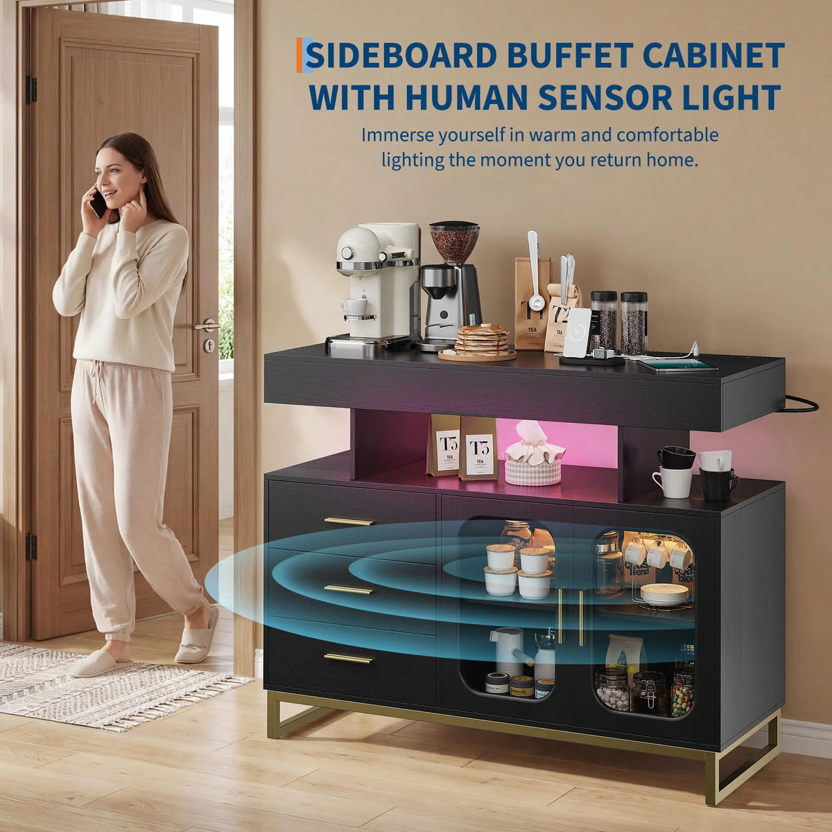 40 Inch Sideboard Buffet Cabinet With RGB LED Lights, Charging Station, 3 Drawers And 2 Doors, Coffee Bar Storage For Kitchen Living Room