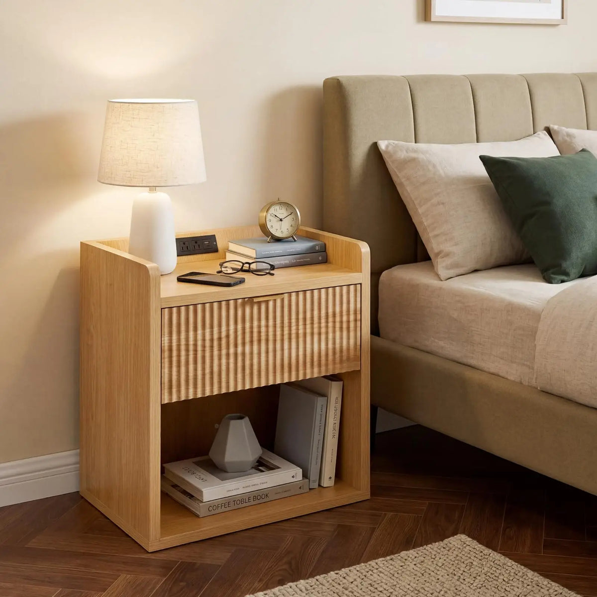 Set Of 2 Fluted Nightstands With Charging Station, 22.83in Wood Bedside Tables With Drawer & Shelf, Oak End Tables Bedroom