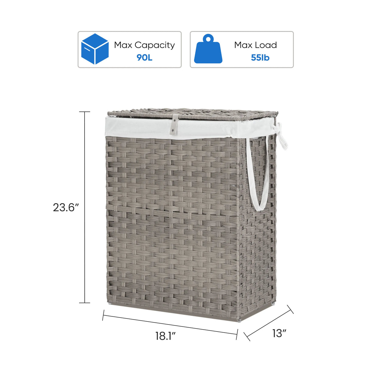 90L Laundry Basket with Lid Foldable Wicker Laundry Hampers with Side Handles Removable Liner Rattan Laundry Basket with Sturdy Steel Frame