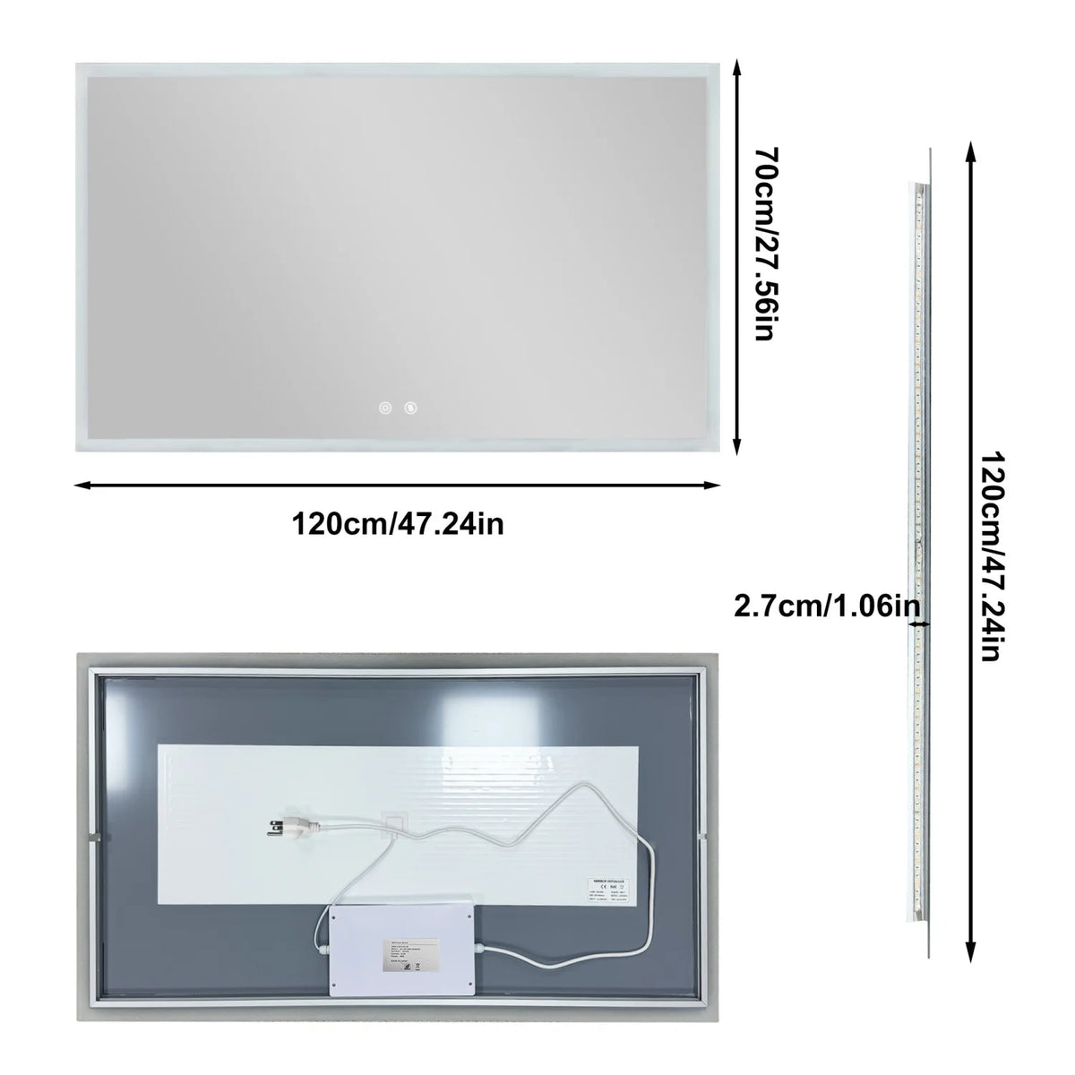 100/120CM Rectangular LED Bathroom Mirror Frameless Wall Vanity Mirror Smart Memory Function Touch Antifog 3 Colors Temperature