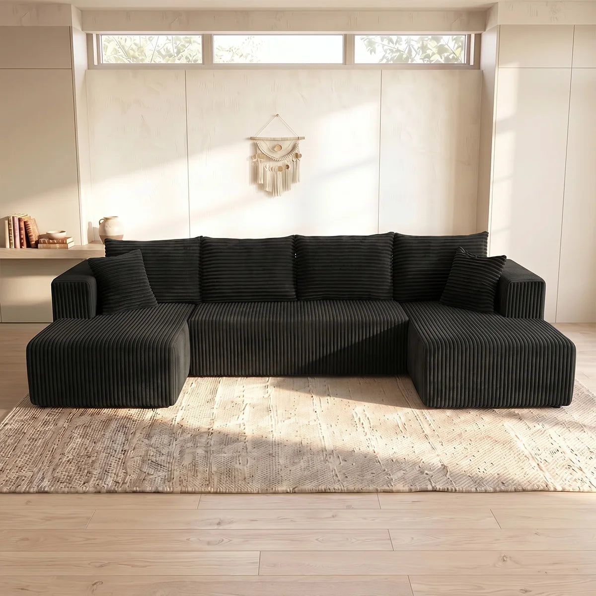 Black Striped Corduroy L Shape Sectional Sofa Double Reversible Chaise Modular Oversized Cloud Couch No Assembly Compressed Packaging Cozy Living Room Home Furniture