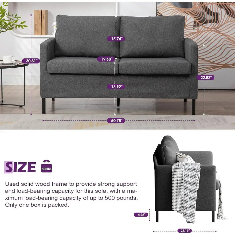Linen abric ern Small Loveseat Soa Couch or Living Room, 51" W Little Upholstered 2-Seater Mini Love Seats w/Iron Legs or Small
