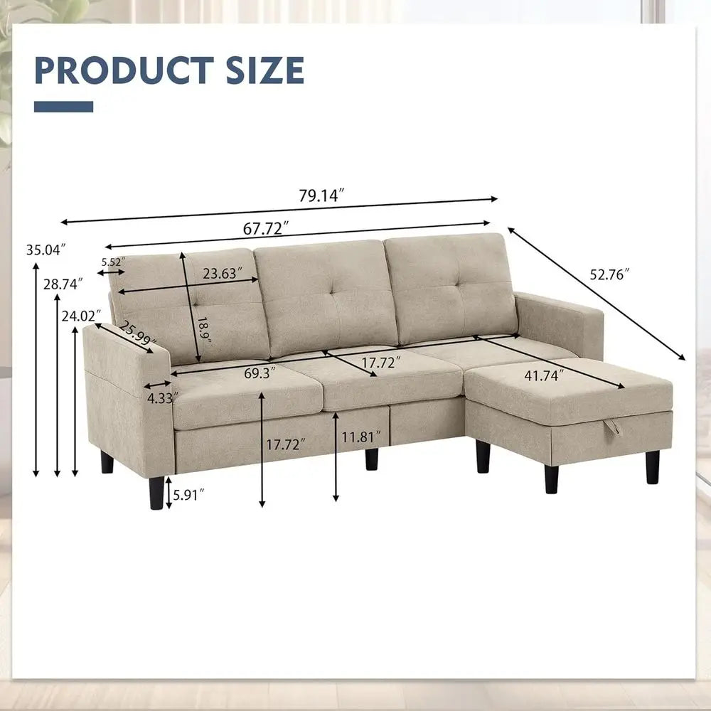 79" Convertible Sectional Sofa, Small L Shaped 3 Seat Couch with Storage Chaise and Side Pocket, Linen Fabric Reversible Sofa