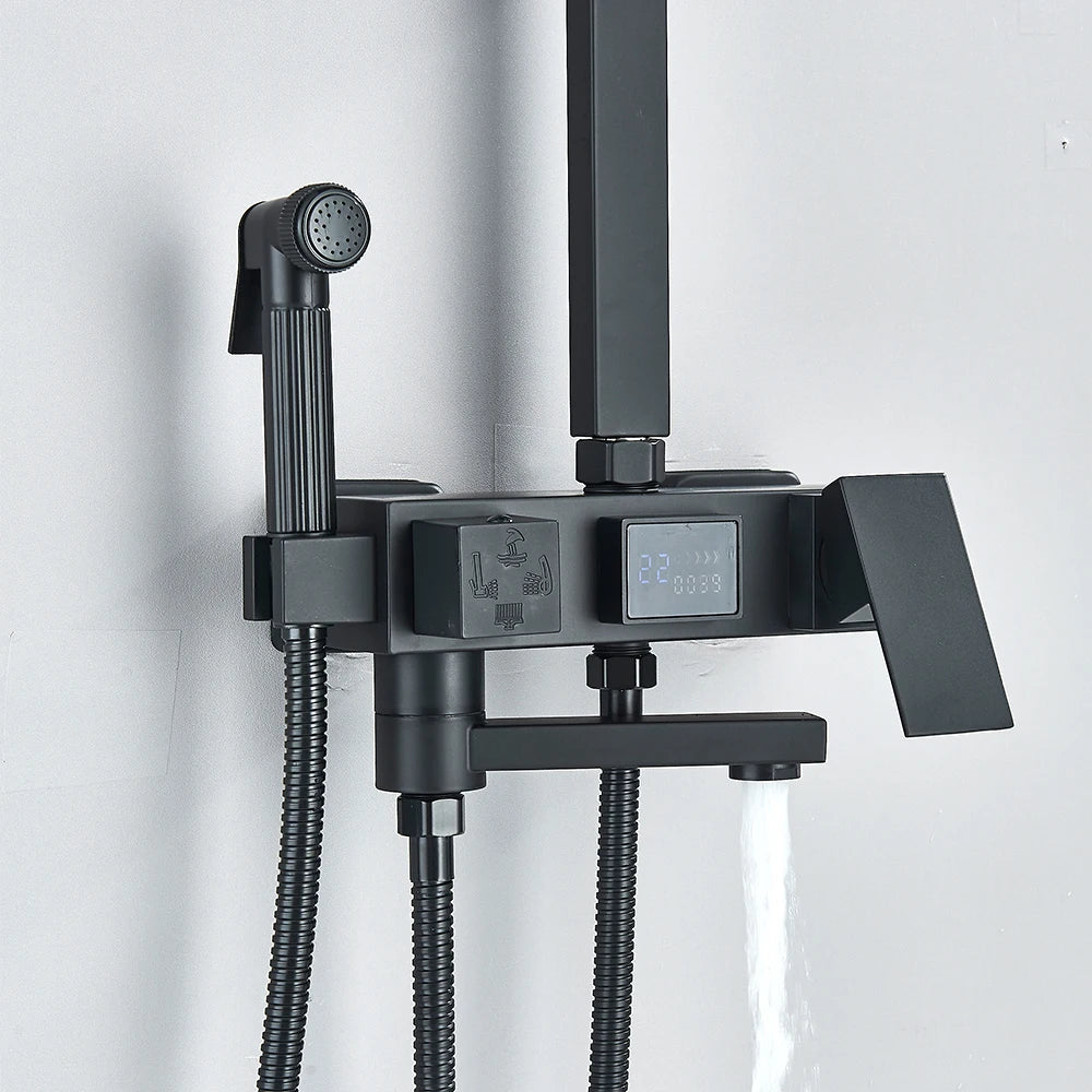 Black Smart Thermostatic Shower Faucet Set Bathroom Intelligent Rainfall Digital Mixer Tap With Rack and Bidet Bath System