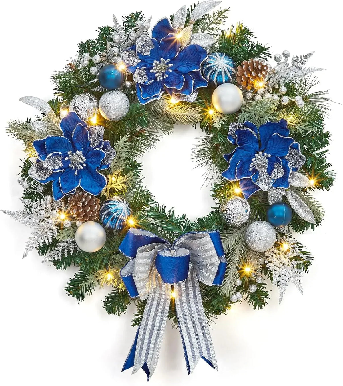 Artificial Christmas Wreath 24 Inch Garland with 20 Lighting Modes Themed Holiday Decorations Featuring Shiny Ornaments and Ribbon Indoor Outdoor Door Decor