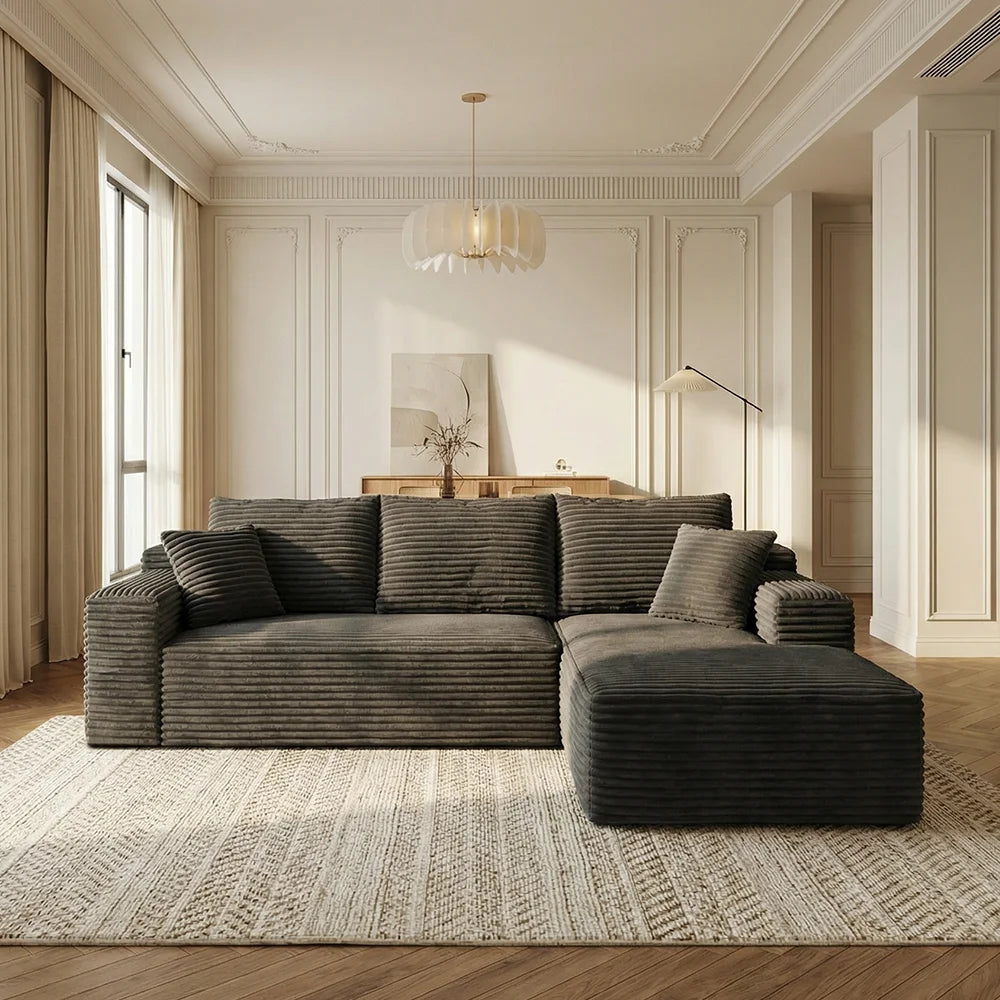 Dark Gray Corduroy L Shaped Compression Sectional Sofa with Chaise Ottoman Vacuum Packed No Assembly Fluffy Striped Fabric Couch for Living Room Apartment