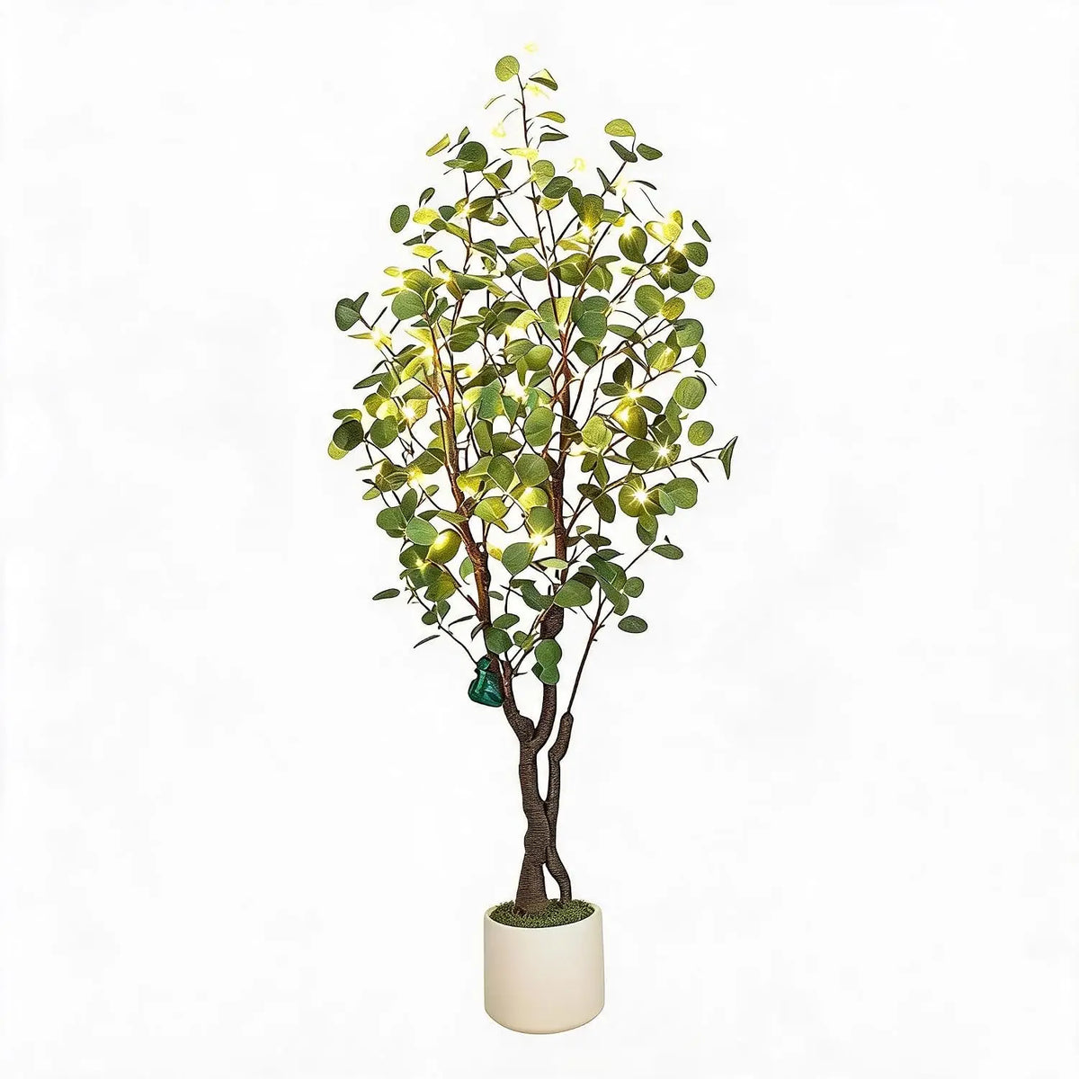 Artificial Eucalyptus Tree w/ 50 LED Lights, Pre-Potted Faux Floor Plant, Realistic Silk Multi-Stem Greenery in White Planter for Home & Office Decor Christmas Party Supplies