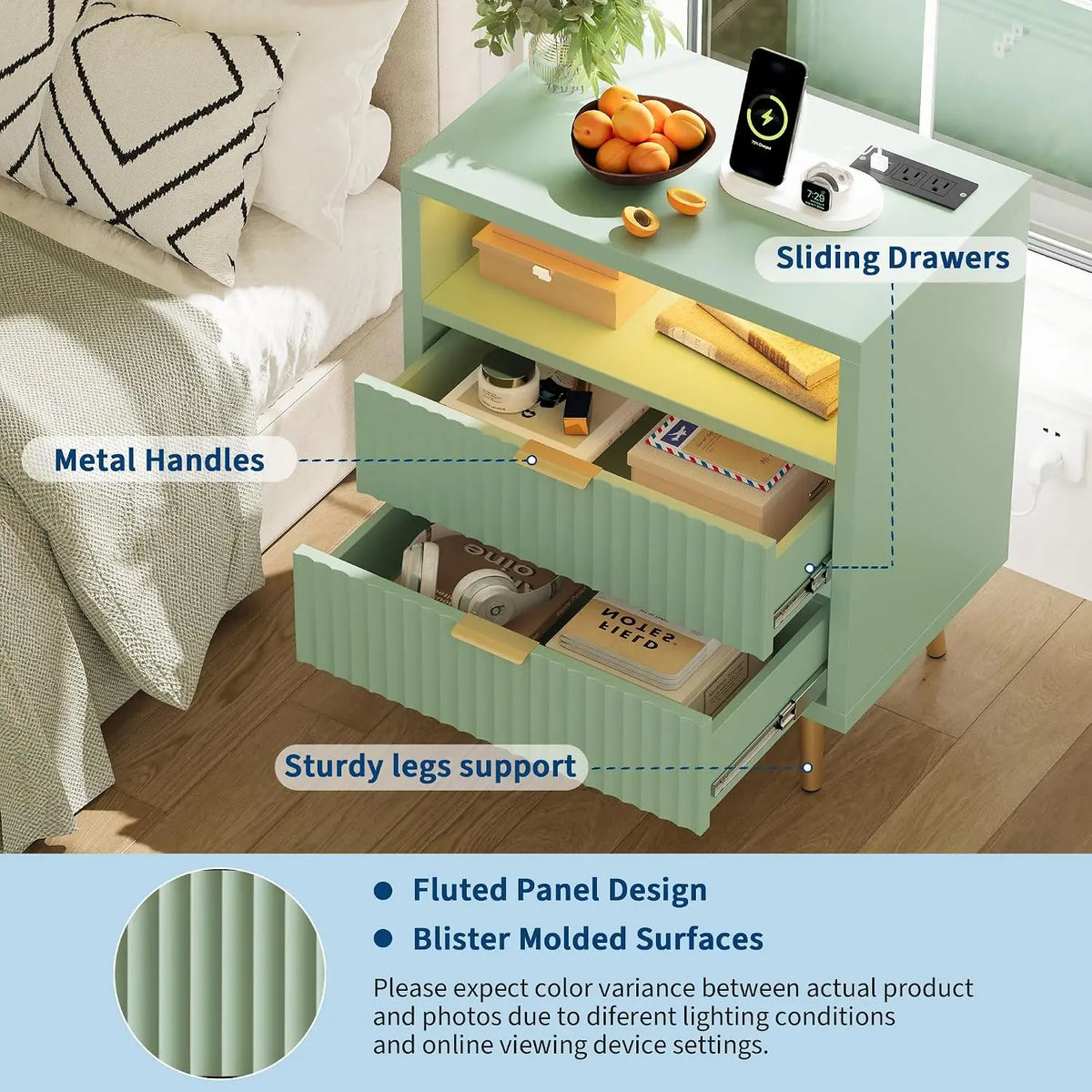 Nightstand with Charging Station with LED Light 2 Drawer 2 USB-A Ports & AC Outlet Open Storage Shelf, Gold Handle, Fluted Storage Drawers Bedside Table for Bedroom