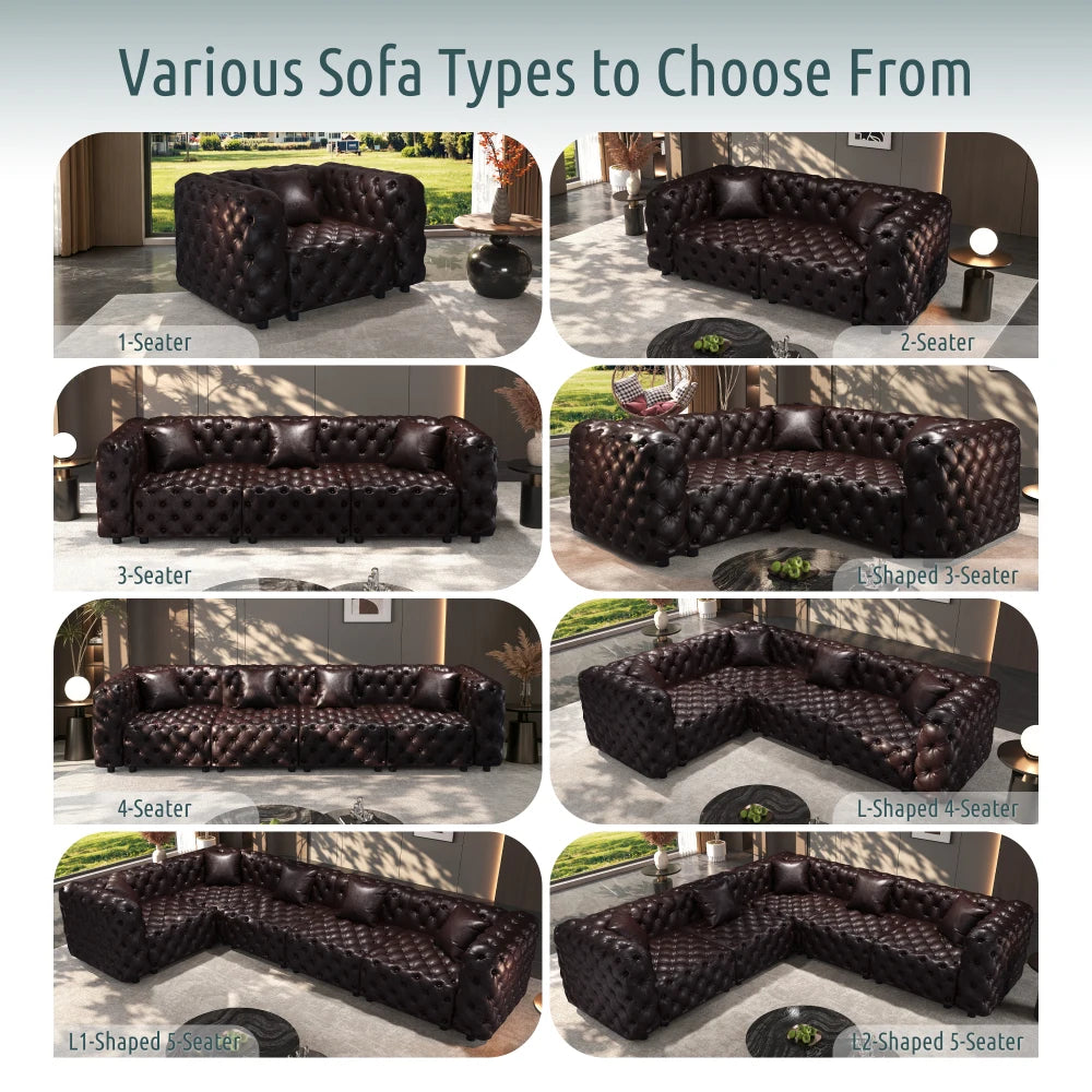 Orraves 134.4" Modern Sofa Set, Faux Leather Upholstered Modular 4-Seater Sectional Couch with Pure Handmade Button Tufted Design, 4 Pillows, Multi Combination for Living Room,Dark Brown