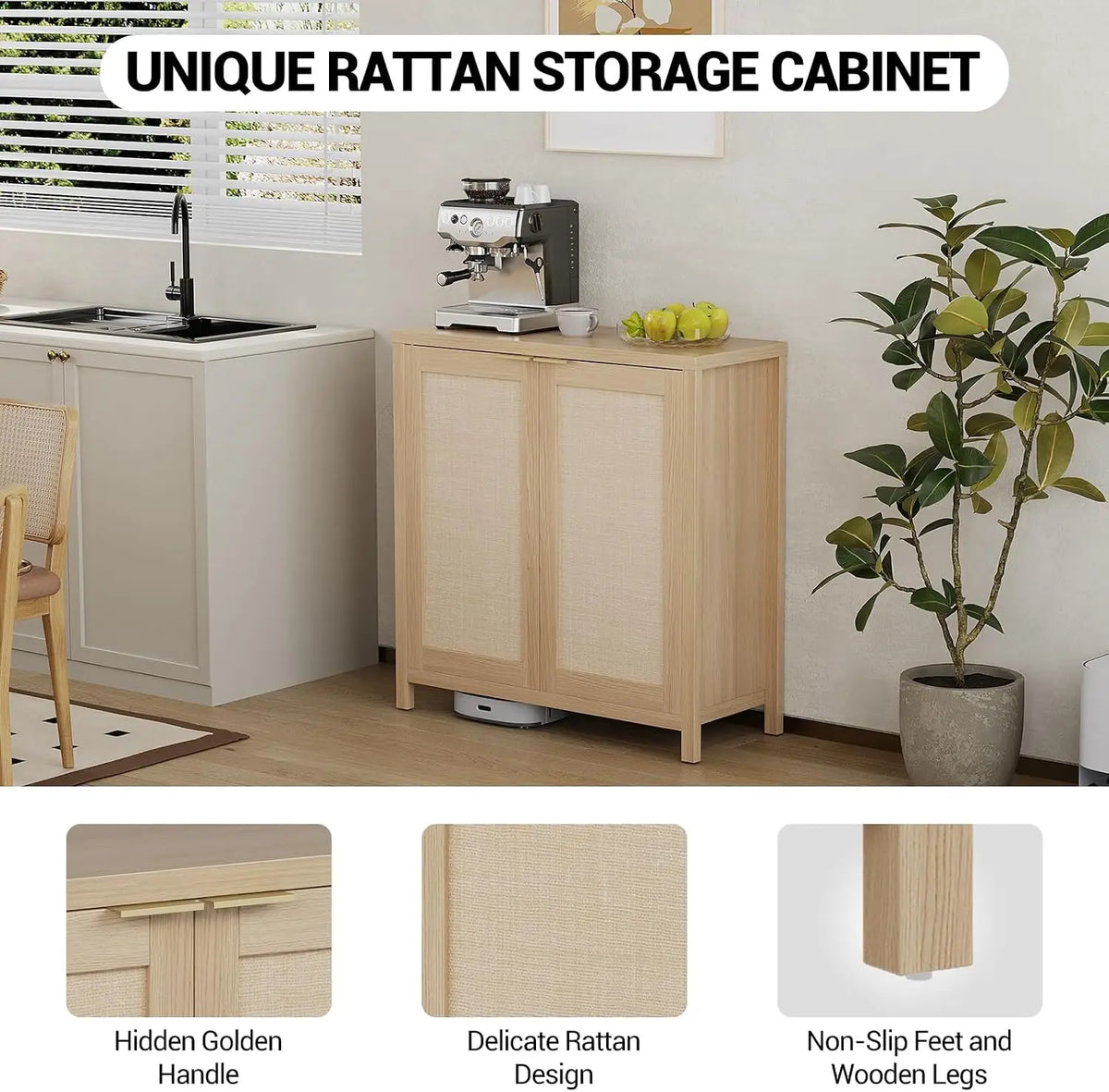 Cabinet Storage with Rattan Doors, Sideboard ,2 Adjustable Shelves, Particle Board Living Room Cabinets Glamour Modern Home Entryway Furniture
