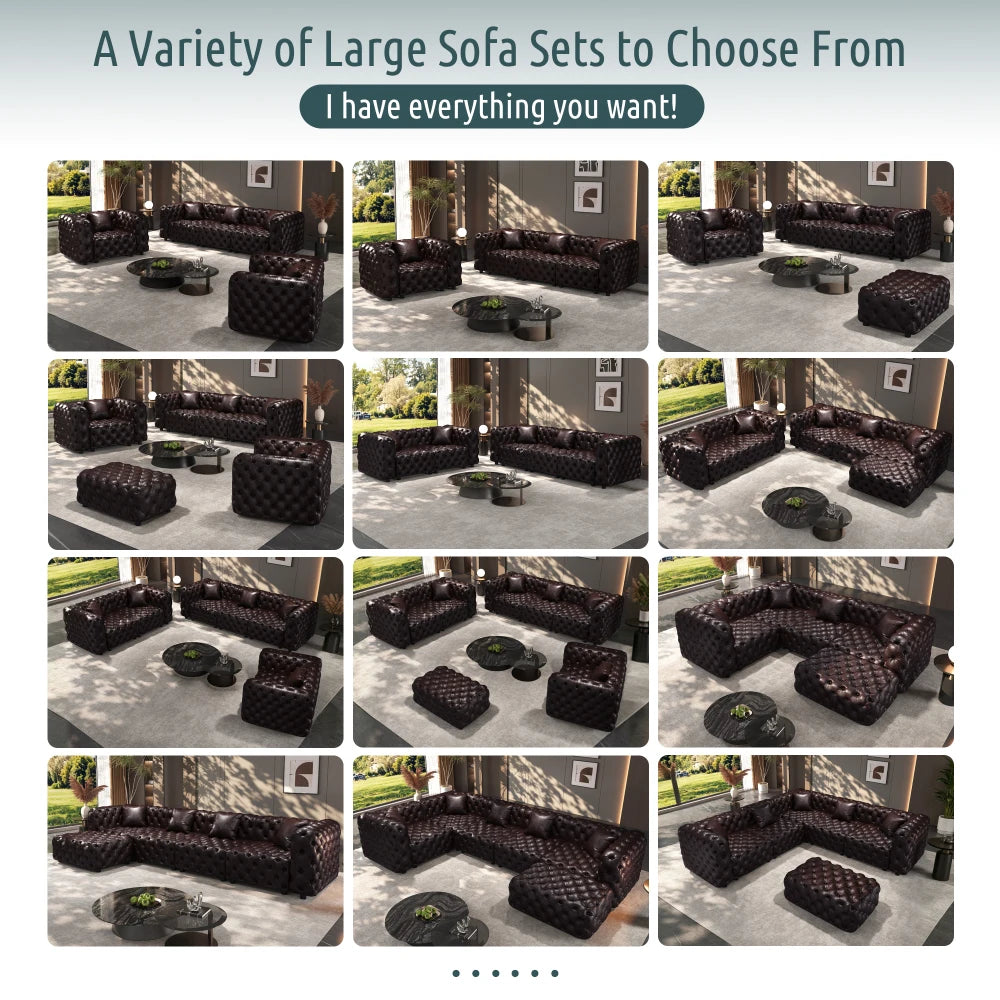 Orraves 134.4" Modern Sofa Set, Faux Leather Upholstered Modular 4-Seater Sectional Couch with Pure Handmade Button Tufted Design, 4 Pillows, Multi Combination for Living Room,Dark Brown