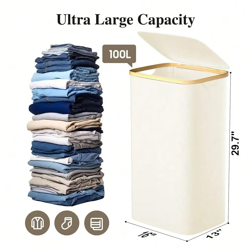 Large Laundry Hamper, 100L Waterproof Laundry Basket With Lid And Removable Bag, Collapsible Tall Clothes Hamper With Bamboo Handles For Clothes Toys In Dorm Bedroom Bathroom, Beige