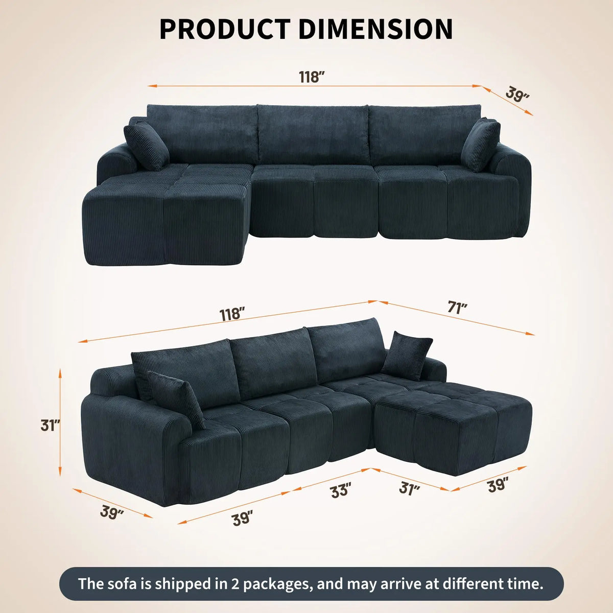 118'' Corduroy Modular Sofa, Deep Seat Compression Couch With Memory Foam, No Assembly Sectional For Living Room