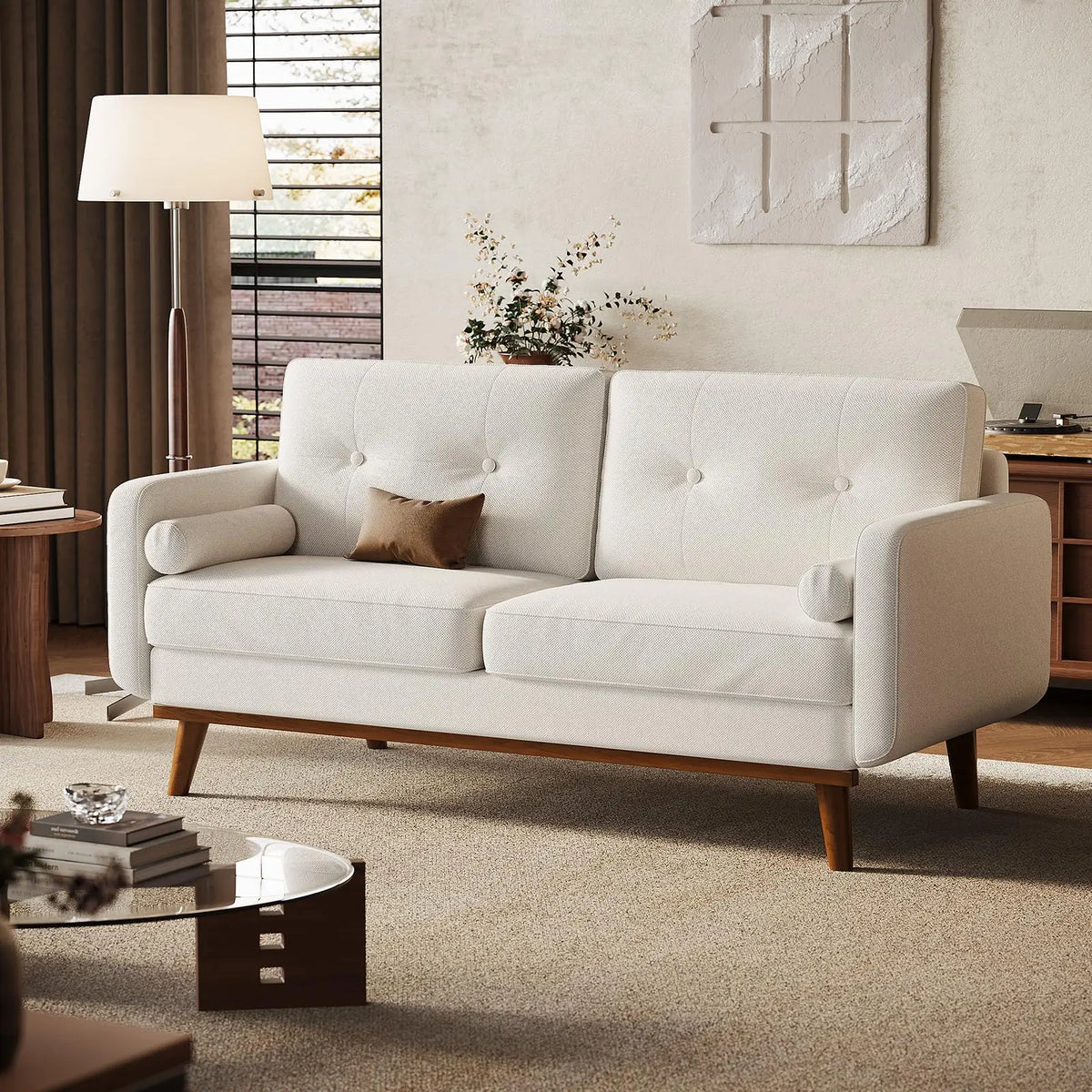 65" Mid Century Modern Couch Sofa Loveseat, Comfy Love Seat Couches for Living Room, 2 Seater Linen Upholstered Deep Seat Couch