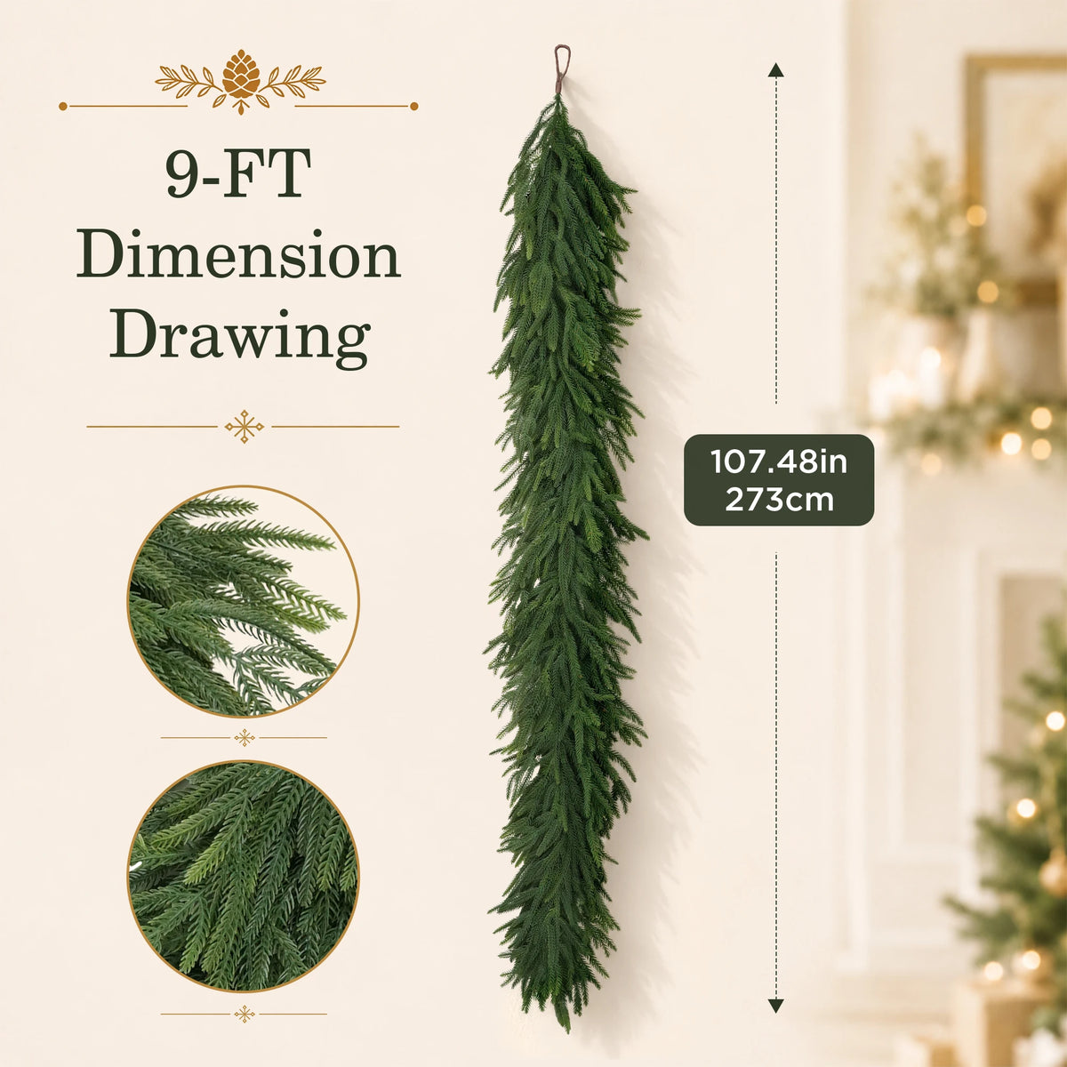 6/9/12FT Christmas Norfolk Pine Garland Real Touch Artificial Greenery Garlands Faux Winter Garland for Mantle Fireplace Table Stair Front Door Indoor Outdoor Holiday Xmas Decorations