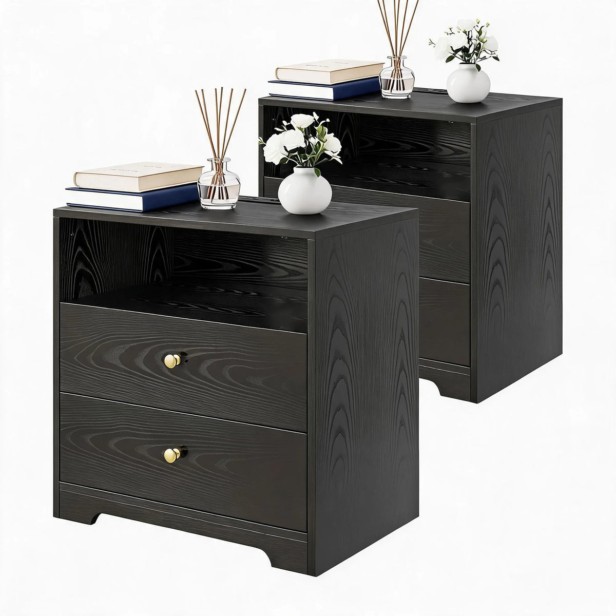 Nightstand Set Of 2 With Charging Station, 2 Drawer Bedside Tables With USB Ports & AC Outlets, Wood End Tables For Bedroom, Living Room