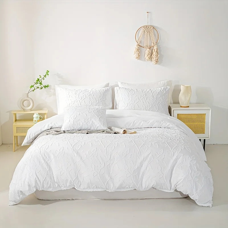 Off-White Leaf Tufted Duvet Cover 3-Piece Set, Soft Cream Bedding Set, Bohemian Style Embossed Floral Bedspread and Pillowcases, Available for Large/King/Single Beds