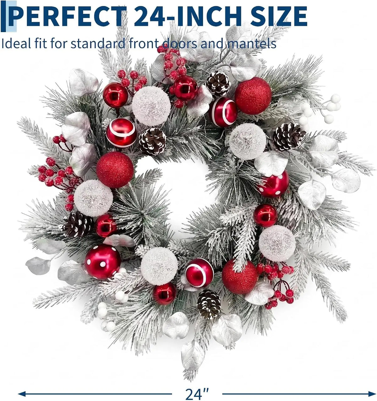 24inch Christmas Wreath Velvet Ball 20 Heads 8-Function Lights Timer LED PVC Simulated Retro Style Home Decoration, Suitable for: Front Door, Window Wall Decor Wreath Velvet Ball 20 Heads 8-Function Lights Timer LED PVC