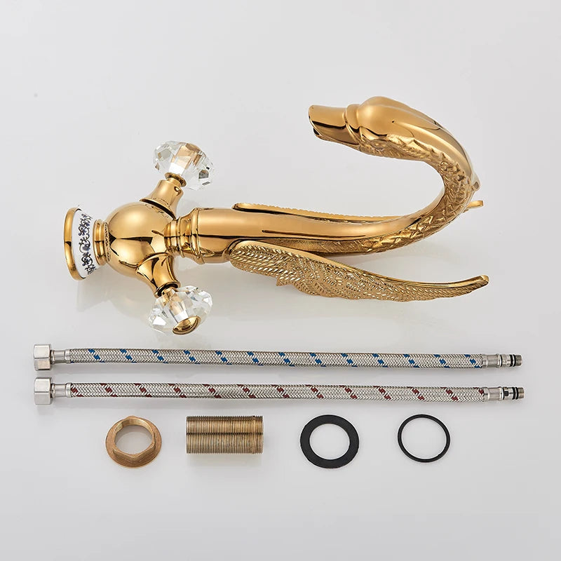 Brass Gold Black Swan Basin Faucet Deck Mounted Bathroom Faucet Hot and Cold Water Mixer Tap Bath Water Faucet Basin Faucet Taps