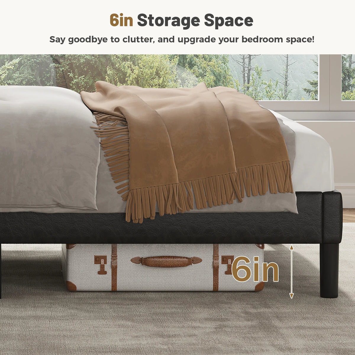 Wooden Bed Frame with PU Leather Wingback Headboard No Box Spring Needed with Sturdy Wooden Slats Support Upholstered Mattress Foundation For Home Bedroom