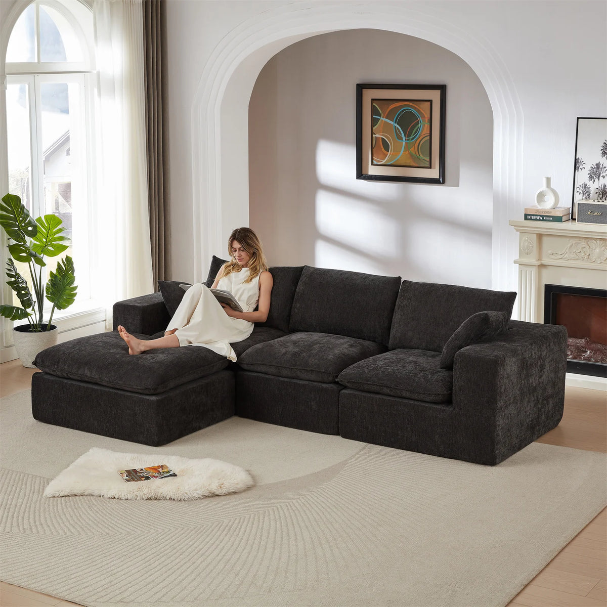 108" L Shaped Sectional Sofa Modular Sofa Couch Deep Seat with Movable Ottoman 4 Seater Chenille Sofa for Living Room,Apartment