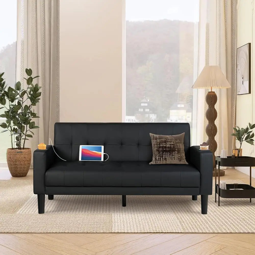 62" Loveseat Couches Upholstered Leather Love Seat Sofas Couch with 2 USB, Cup Holders