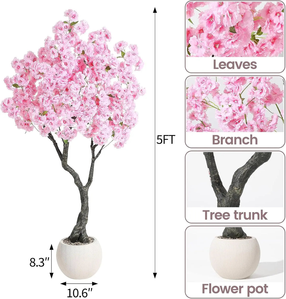 Artificial Cherry Blossom Tree with White Planter & Adjustable Branches, Realistic Faux Floral Tree for Indoor Home Living Room Decor, Pink