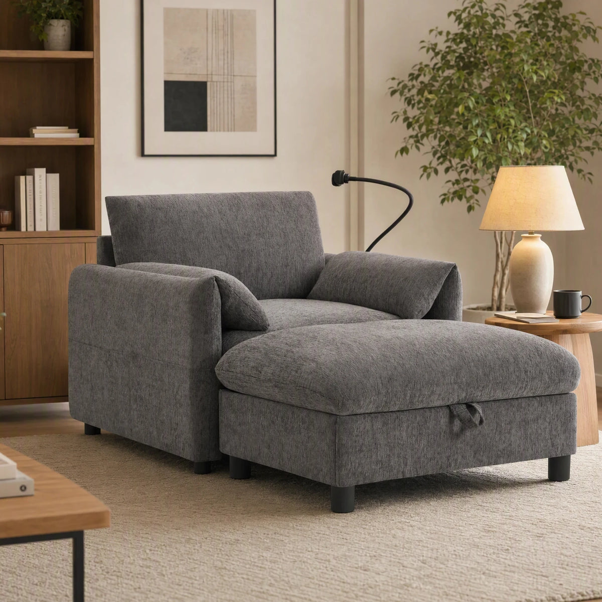 Modern Single Sofa Armchair With Storage Footstool and Adjustable Phone Holder Suitable for Living Room Bedroom Apartment Small Space and Home Office