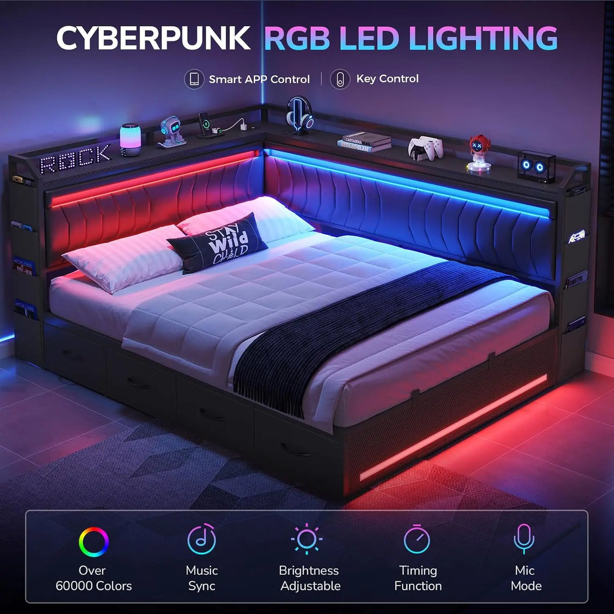 Queen Corner Bed Frame with 4 Storage Drawers,Open Shelves,Charging Station Gaming Bed with LED Lights,Esports-Style Queen