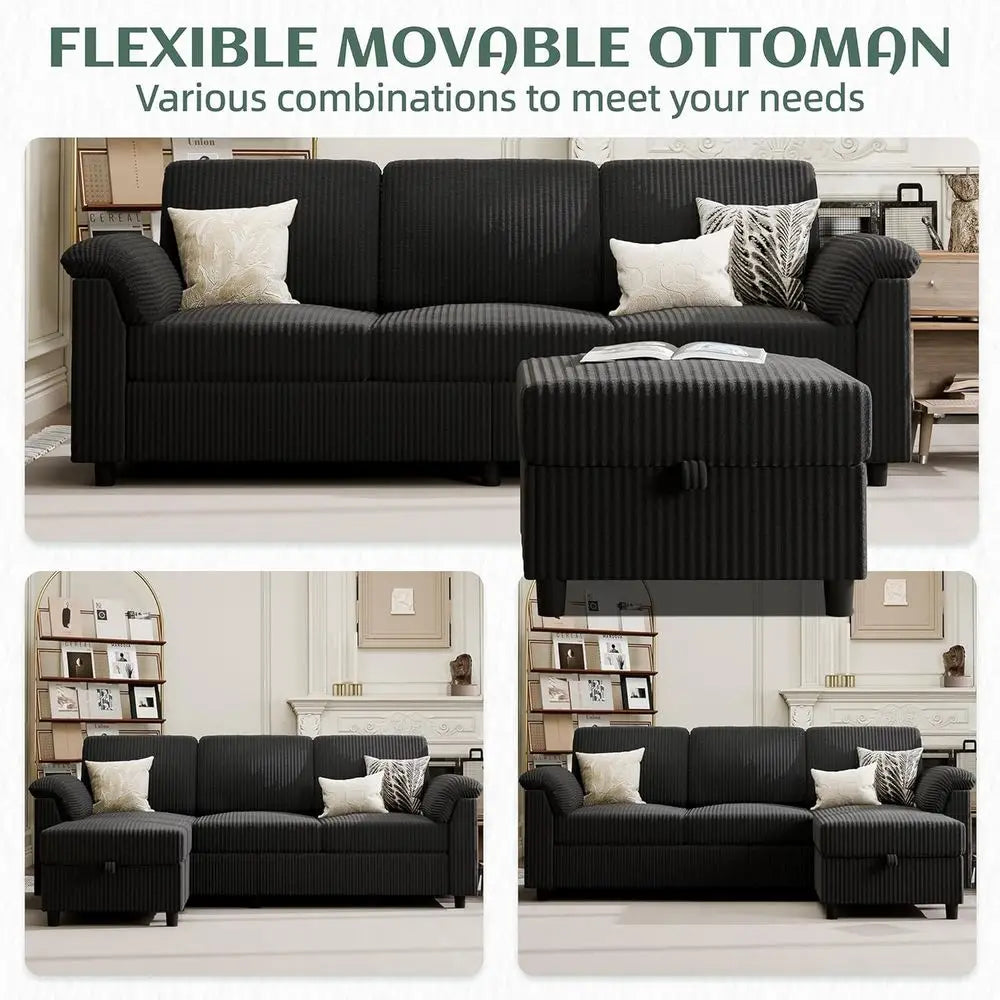 79" Convertible Sectional Couch Sofa with Storage Ottoman, 3 Seat L Shaped Couch with Side Storage