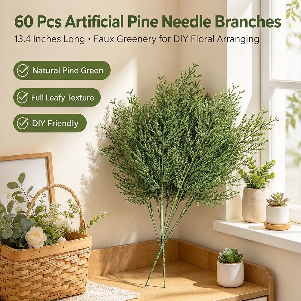 60Pcs Artificial Pine Needles Branches Faux Cedar Stems Fake Greenery for Christmas Tree Wreath Garland Making DIY Crafts Holiday Winter Decor Home Wedding Centerpiece Farmhouse Indoor Outdoor