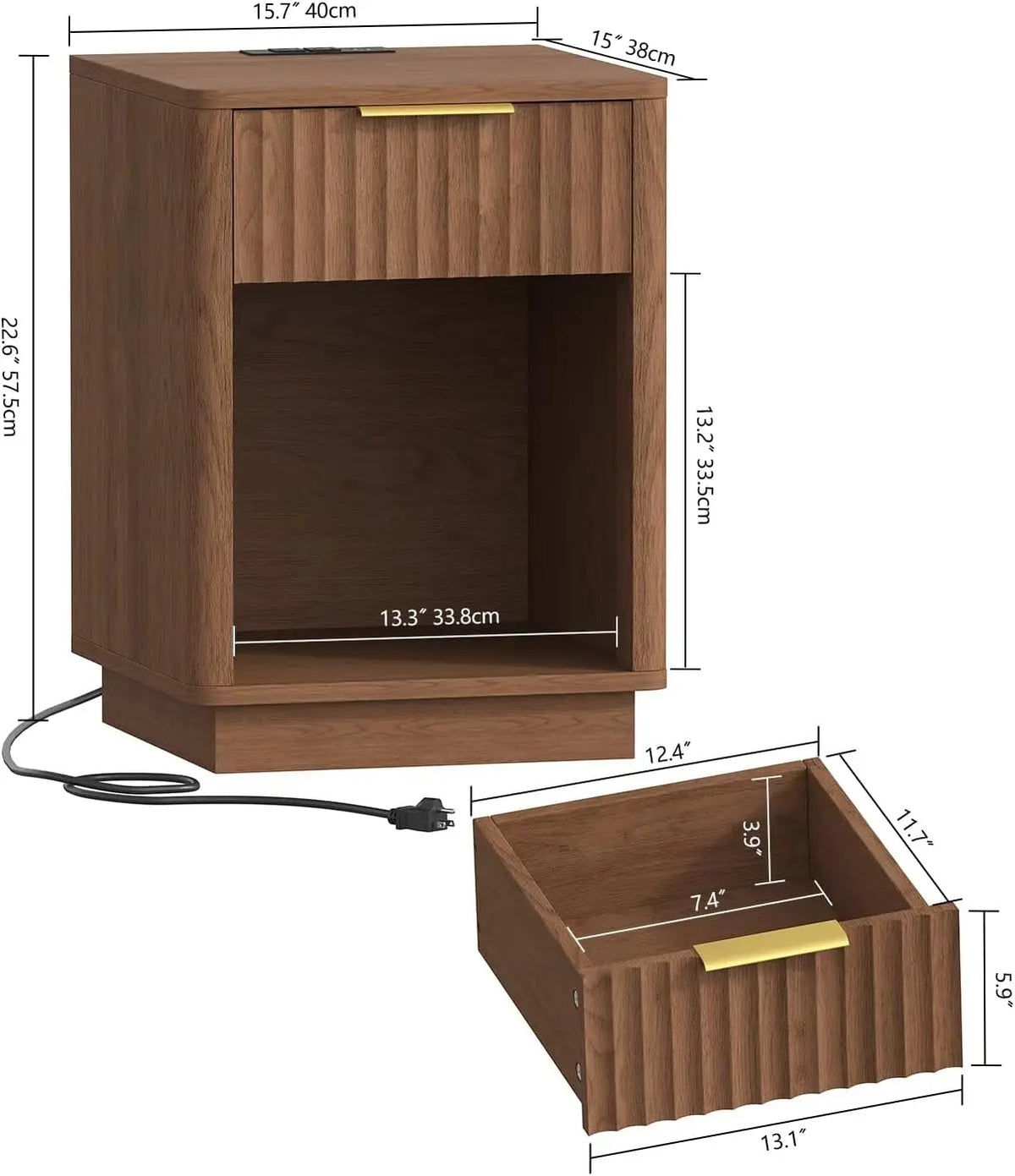 Walnut Fluted Nightstands Set of 2, Bedside Tables with Charging Station