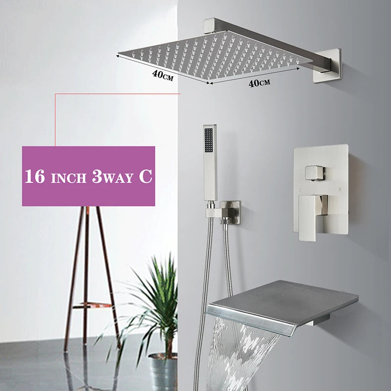 Brushed Nickel Concealed Shower Faucet Set Embedded Cartridge Faucet Rainfall Shower Head Rotate/Waterfall Bath Spout Mixer Tap