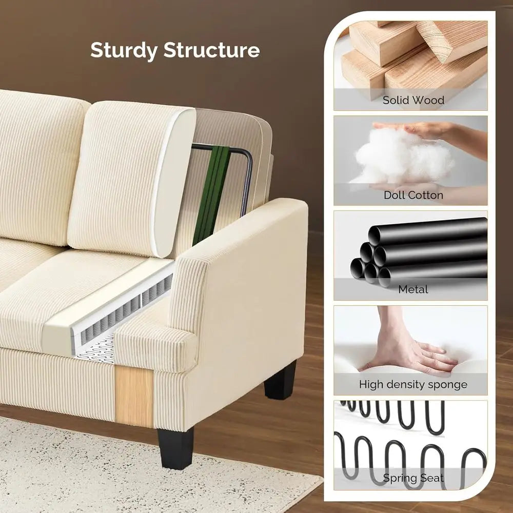 Beige 83" Sofa Couches or Living Room, Corduroy ern Comfy 3 Seater Couch 25.6" Deep Seat Upholstery Cozy Sofas or Small Space