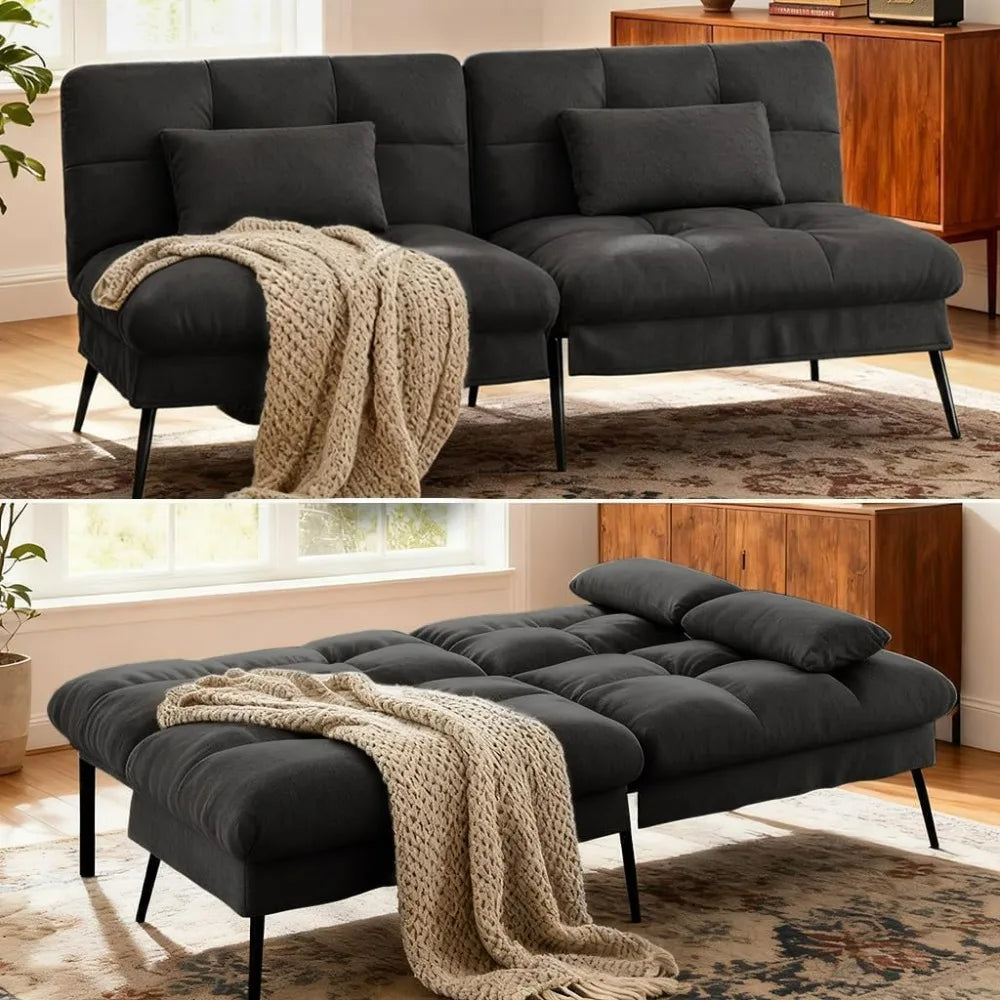 72 Inch Futon Sofa Bed - Fabric Convertible Couch Adjustable Backrest Folding Sleeper Recliner for Living Room Black