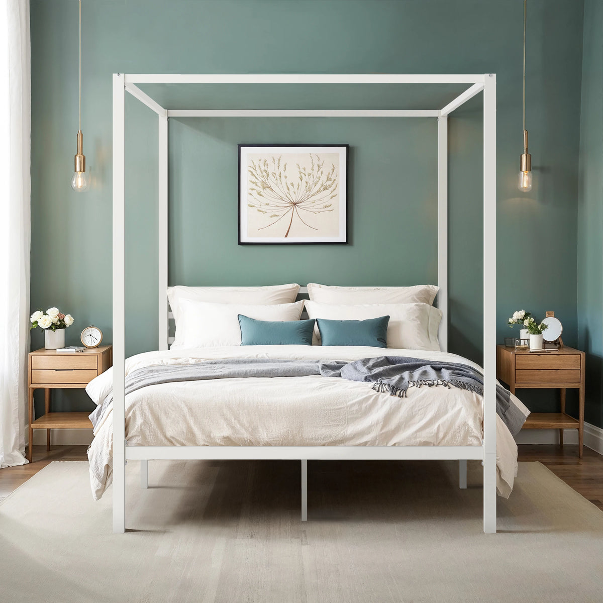 Canopy Bed Frame, Enhanced 4-Poster, 3-Metal Crossbar, No Box Spring Needed, Easy Assembly