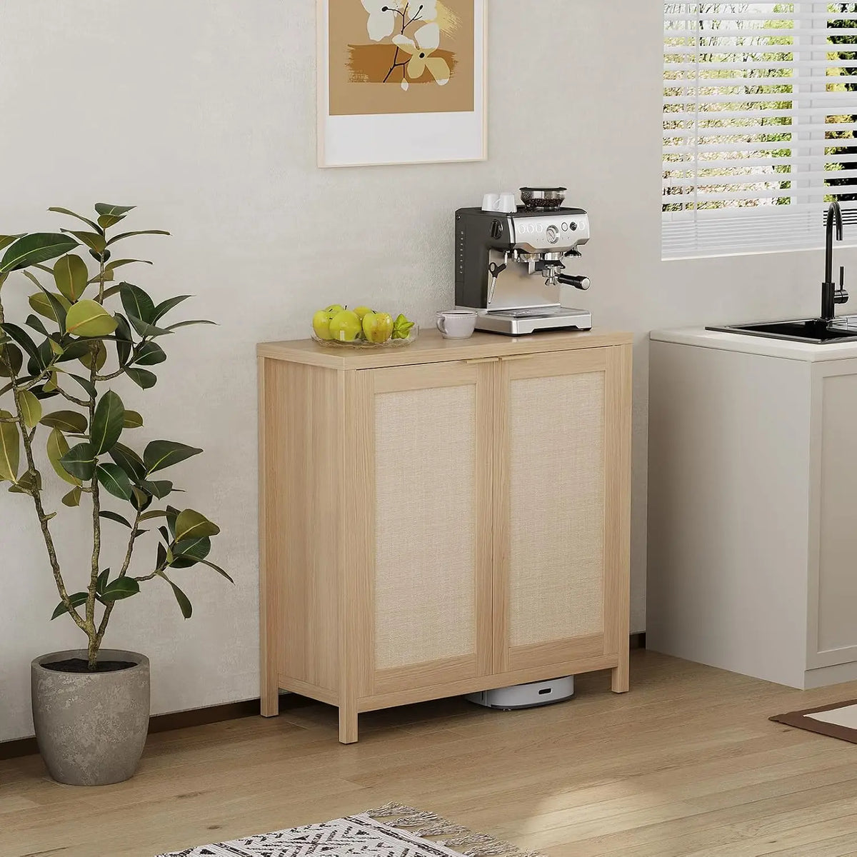 Cabinet Storage with Rattan Doors, Sideboard ,2 Adjustable Shelves, Particle Board Living Room Cabinets Glamour Modern Home Entryway Furniture